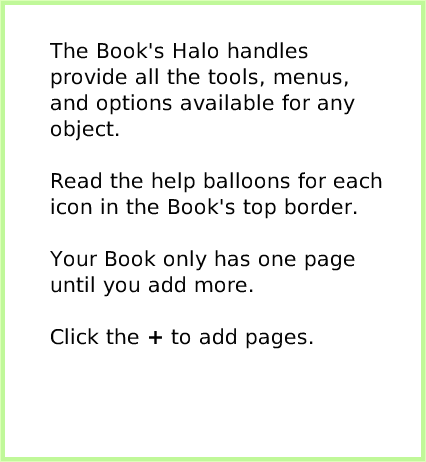 BooksExpandedControls, page 2. The Book's Halo handles provide all the tools, menus, and options available for any object.

Read the help balloons for each icon in the Book's top border.

Your Book only has one page until you add more.

Click the + to add pages.  