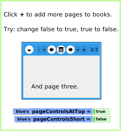 BooksNavigationTiles, page 3. And page three.  Click + to add more pages to books. 

Try: change false to true, true to false.  Good Luck.  