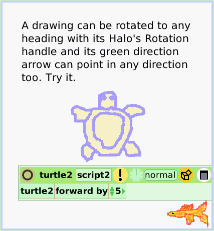 HaloArrow-atCenter, page 4. A drawing can be rotated to any heading with its Halo's Rotation handle and its green direction arrow can point in any direction too. Try it.  