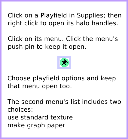 MenuPlayfieldGraphPaper, page 2. Choose playfield options and keep that menu open too.

The second menu's list includes two choices:
use standard texture
make graph paper.  Click on a Playfield in Supplies; then right click to open its halo handles.

Click on its menu. Click the menu's push pin to keep it open.  