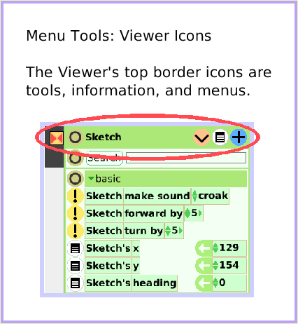MenuViewerIconsSet, page 1. Menu Tools: Viewer Icons

The Viewer's top border icons are 
tools, information, and menus.  