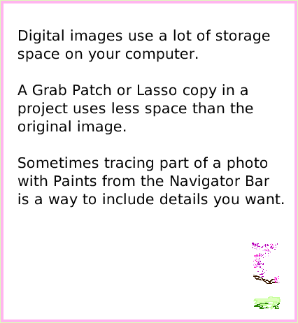 ObjectCatDigitalImages, page 4. Digital images use a lot of storage space on your computer.

A Grab Patch or Lasso copy in a project uses less space than the original image.

Sometimes tracing part of a photo with Paints from the Navigator Bar 
is a way to include details you want.  