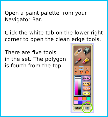 PaintPolygonTool, page 2. Open a paint palette from your Navigator Bar.

Click the white tab on the lower right corner to open the clean edge tools. 

There are five tools
in the set. The polygon
is fourth from the top.  