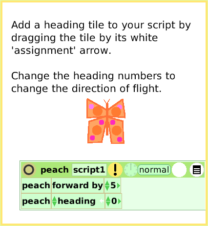 ScriptTileHeading, page 3. Add a heading tile to your script by dragging the tile by its white 'assignment' arrow.

Change the heading numbers to change the direction of flight.  