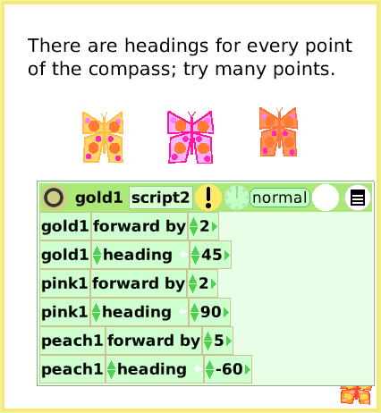 ScriptTileHeading, page 4. There are headings for every point of the compass; try many points.  