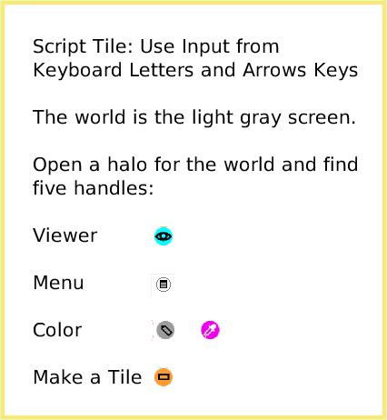 ScriptTileWorldInput, page 1. Script Tile: Use Input from Keyboard Letters and Arrows Keys

The world is the light gray screen.

Open a halo for the world and find five handles:

Viewer

Menu

Color                

Make a Tile.  